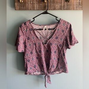 MUDD Junior's Purple Print Tie Front Crop Top size XS